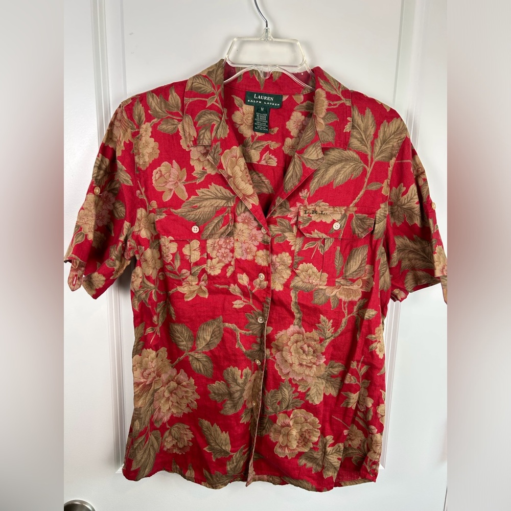 Lauren Ralph Lauren Womens Red Floral 100% Linen Camp Button Down Shirt SZ M EUC